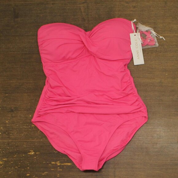 NWT Anne Cole Live In Color Twist Front Shirred One Piece Swimsuit Pink Glow 12 - Picture 3 of 7